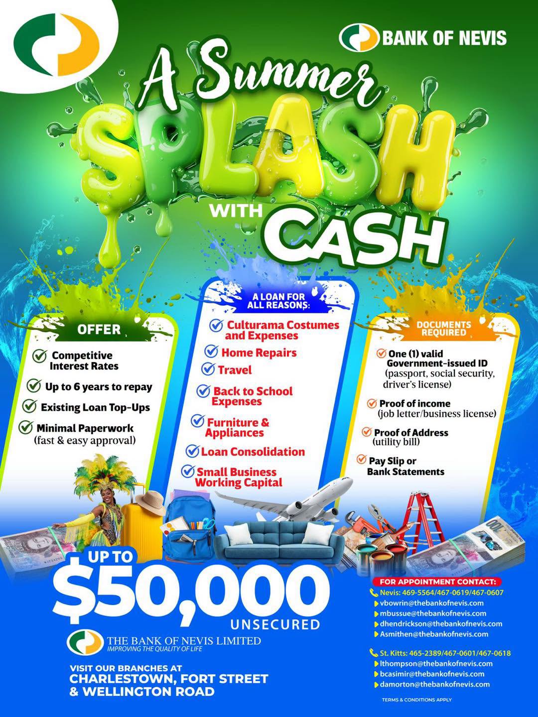 A Summer Splash with Cash — up to EC$50,000 unsecured. Bank of Nevis Limited.